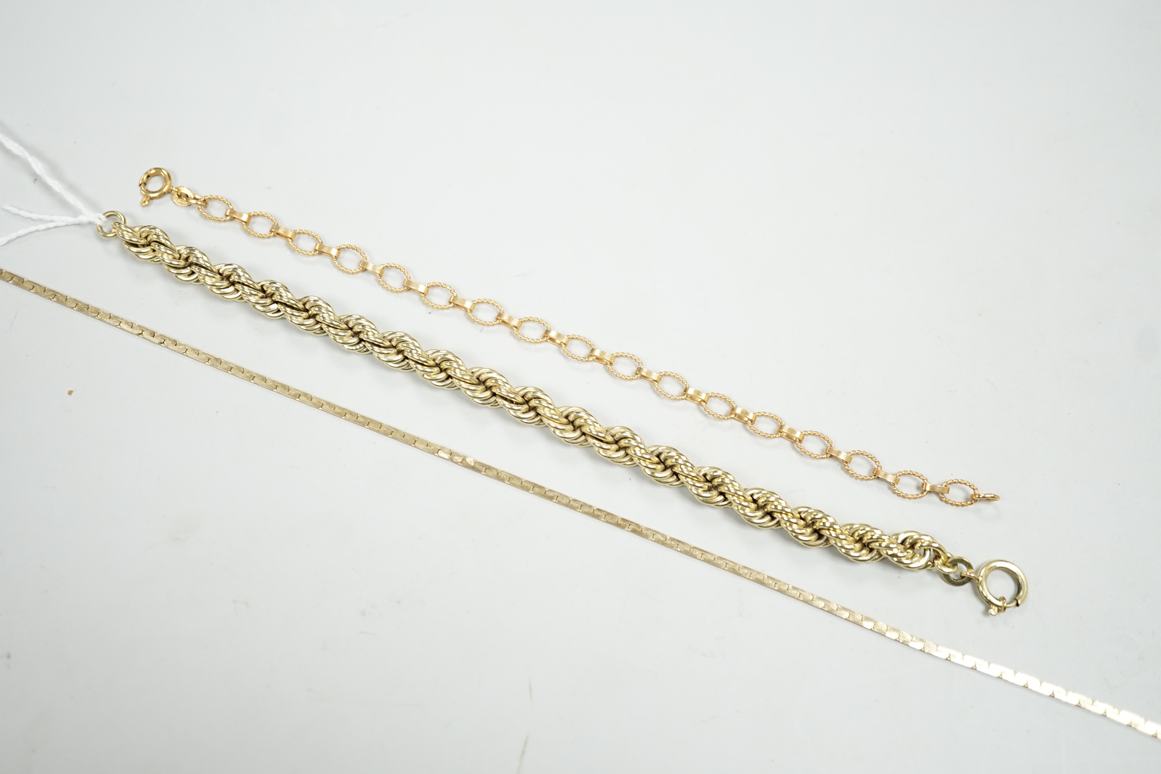 Two modern 9ct. gold bracelets, 19cm & 16.5cm and a 9ct gold necklace, 22.2 grams.